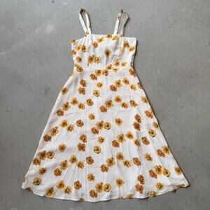 White Floral Poppy Print Sleeveless Midi Sun Dress with Yellow Flowers